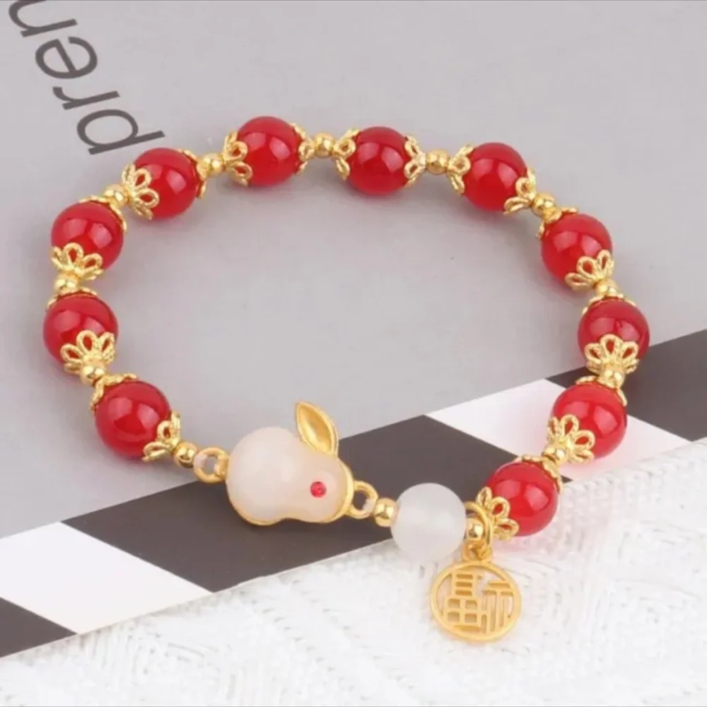 COPY - COPY - Gold Red White Jade Rabbit Bunny Stretch Bracelet - Picture 4 of 6